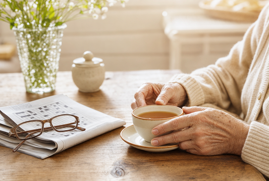 Seniorin am Küchentisch mit Teetasse, Zeitung und Lesebrille — Alltag im Alter