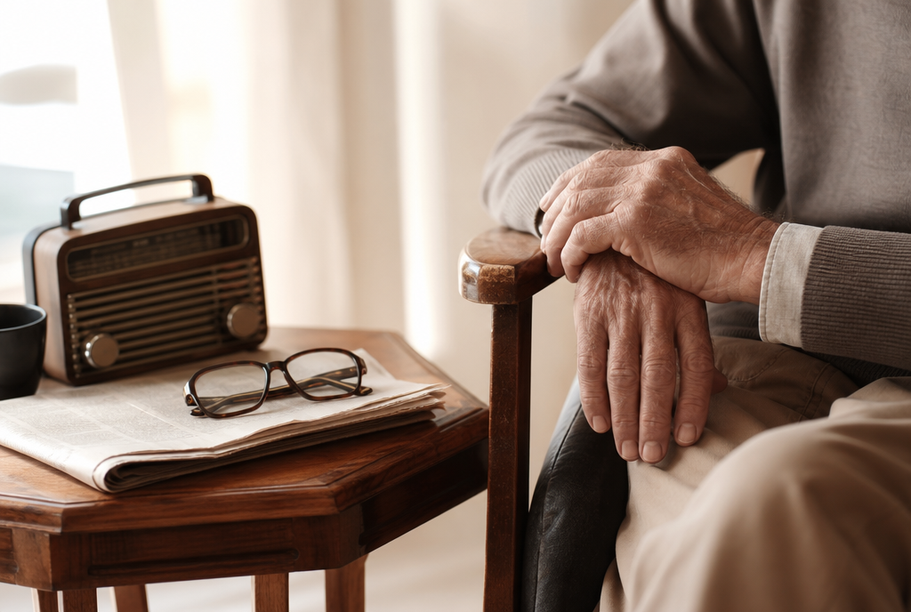 Hände eines älteren Mannes am Sessel, daneben Zeitung, Brille und Radio