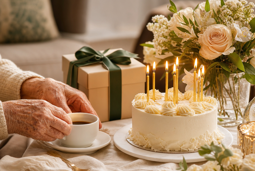 Festlich gedeckter Geburtstagstisch mit Kuchen, Kerzen und Geschenk