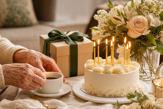 Festlich gedeckter Geburtstagstisch mit Kuchen, Kerzen und Geschenk