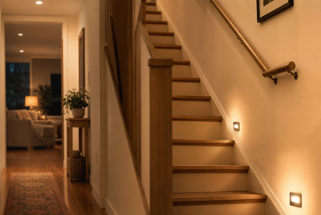 Warm beleuchteter Flur mit Treppe und Handlauf — sicheres Zuhause im Alter