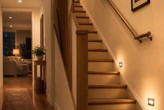 Warm beleuchteter Flur mit Treppe und Handlauf — sicheres Zuhause im Alter