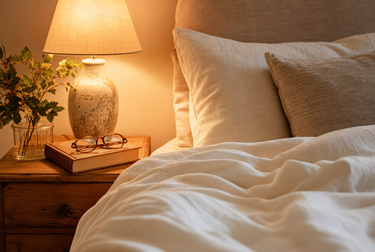 Gemütliches Bett mit warmem Nachttischlicht, Buch und Lesebrille