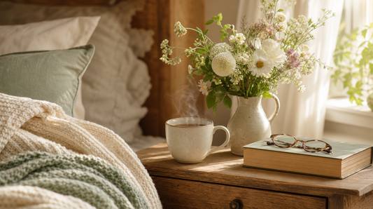 Genesungsgeschenke: Nachttisch mit Tee, Blumen und Buch im warmen Licht