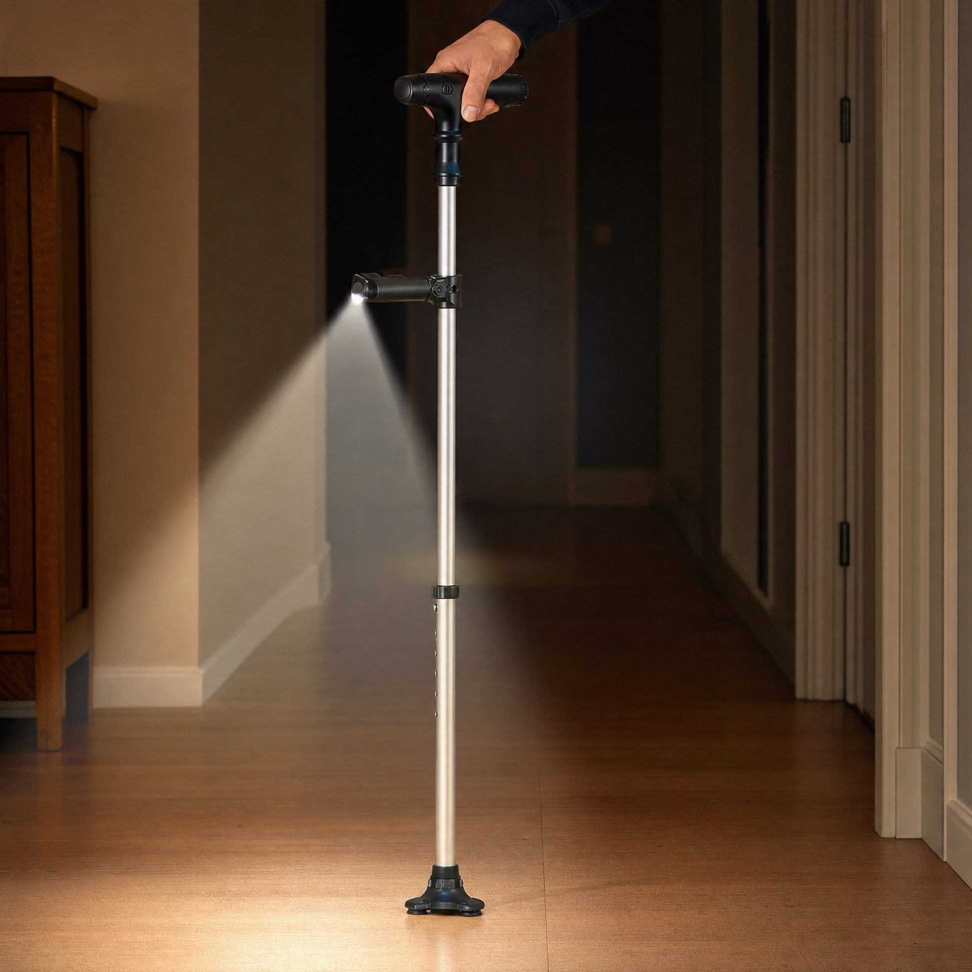 Spazierstock mit LED-Licht im dunklen Flur — Lichtstrahl aus der Lampe
