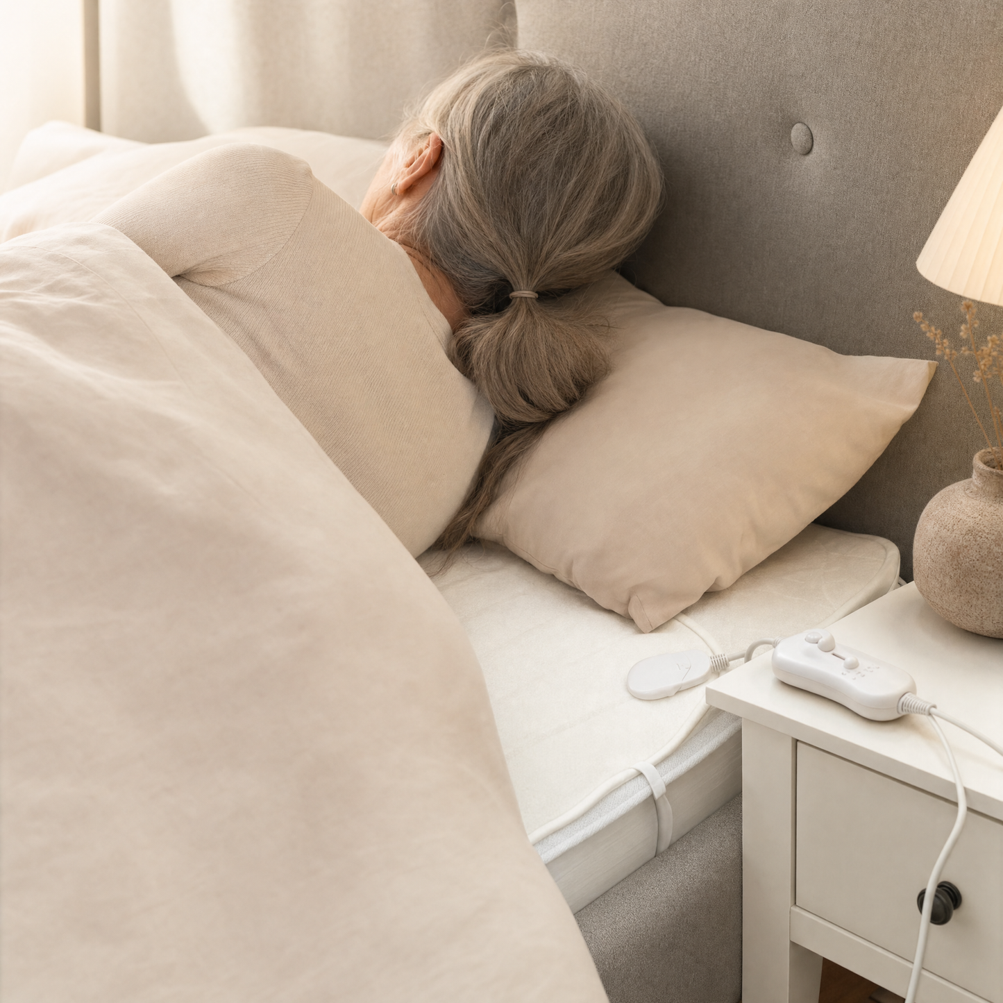 Ältere Dame im Bett mit Wärmeunterbett
