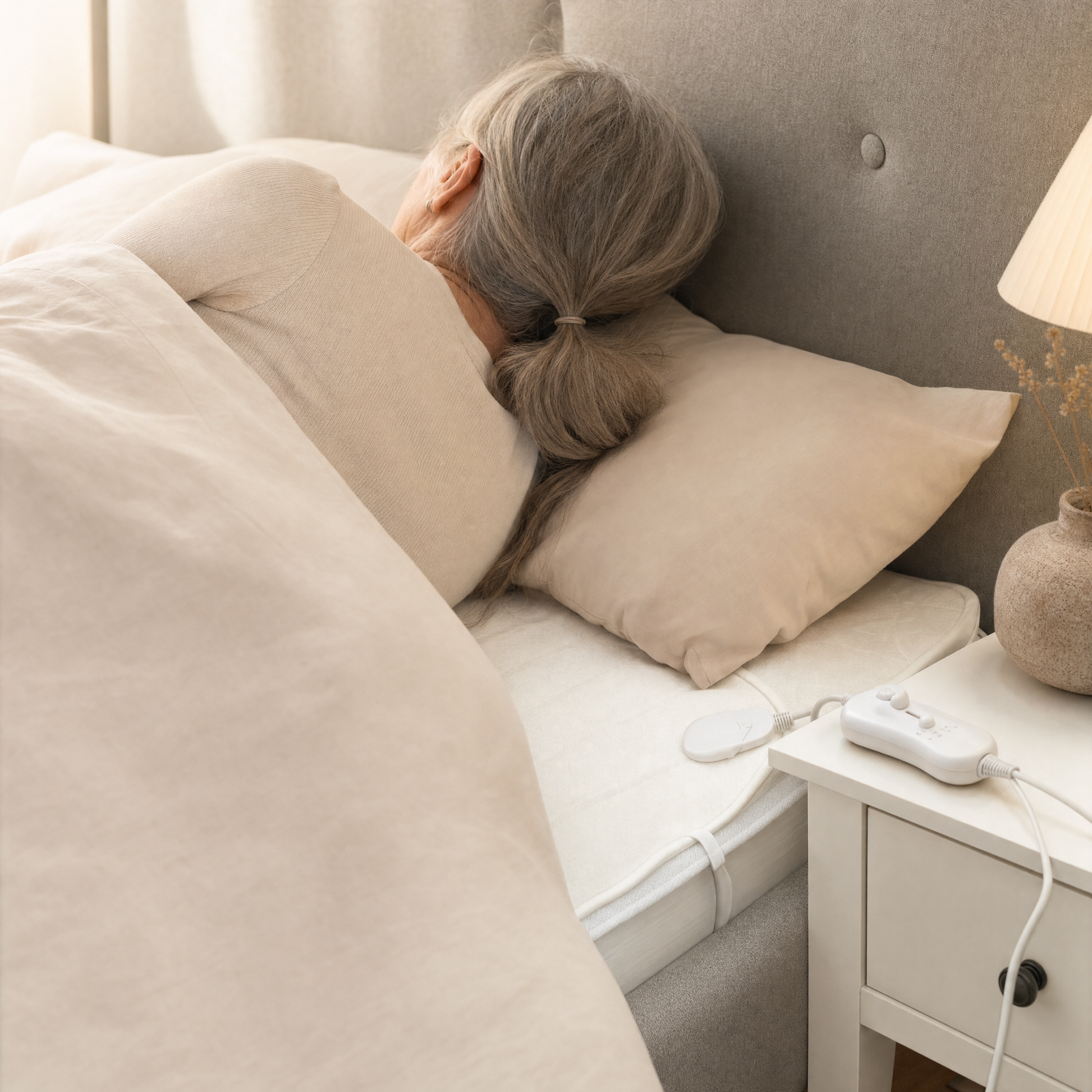 Ältere Dame im Bett mit Wärmeunterbett