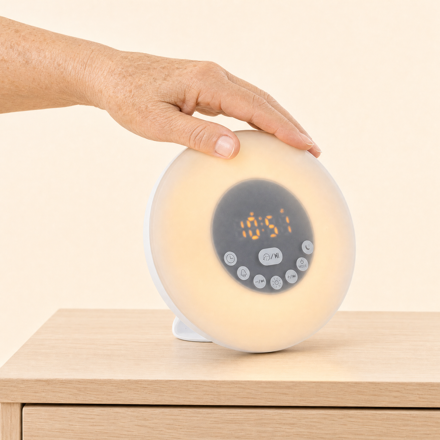Sonnenaufgangswecker auf dem Nachttisch — Hand berührt den Wecker