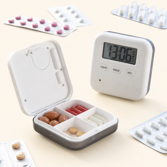 Elektronische Pillendose mit Erinnerungs-Alarm — offen mit Tabletten und Display-Ansicht